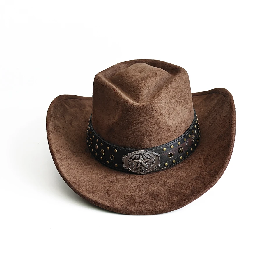 Unisex Arrow Crown Suede Cowboy Hat Vintage Western Style Wide Brim Cowgirl Hat Soft Felt Fedora Hat for Men Women Outdoor