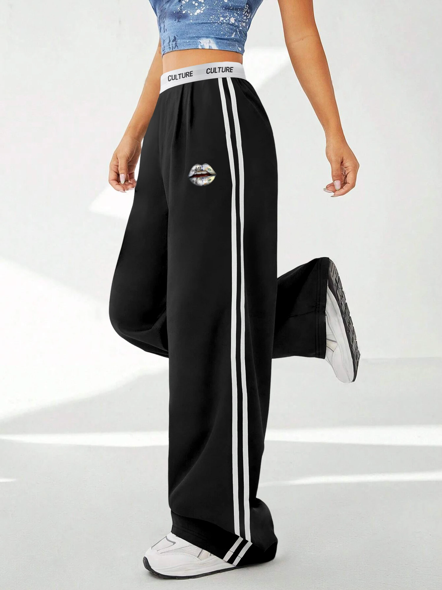 

Money Lips Print Striped Wide Leg Pants, Elastic Waist, Trendy Urban Streetwear