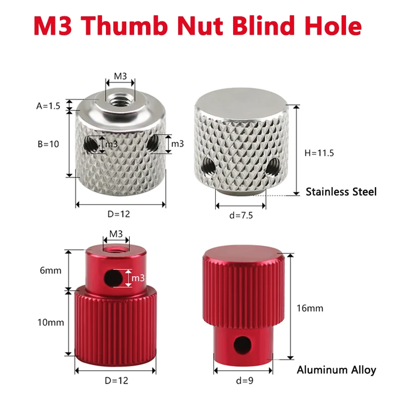1/2/5pcs M3 Thumb Nut Frame Blind Hole Hand Tighten Nut with M3 Side Hole Thread Aluminum/Stainless Steel Straight/Knurled