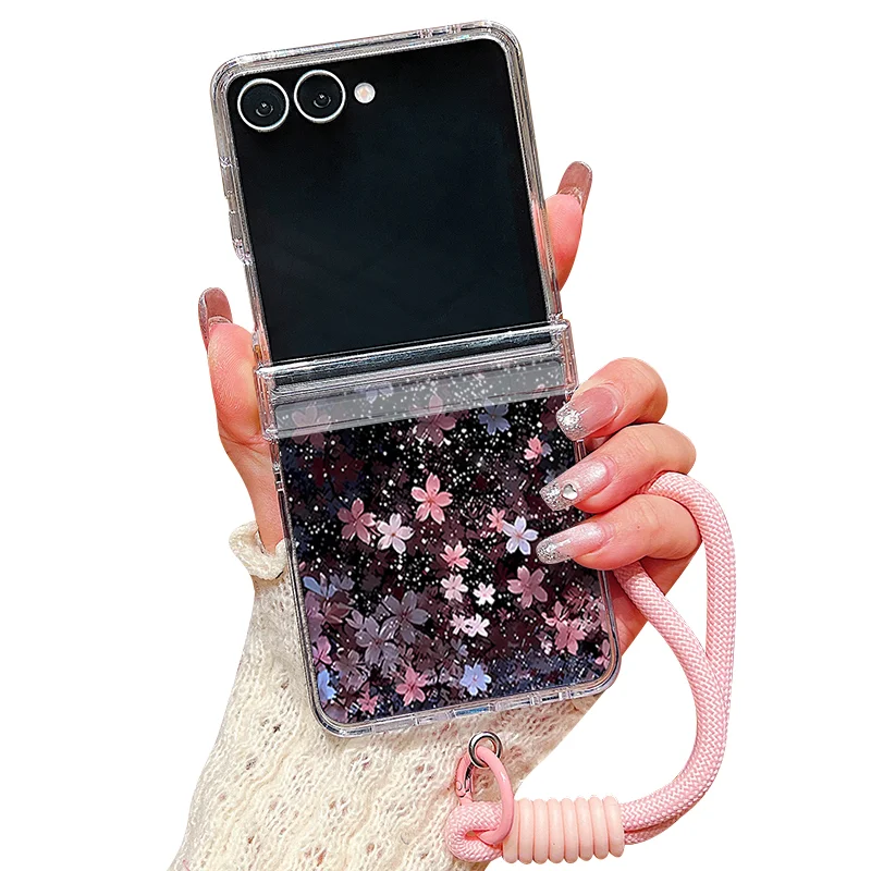 Cherry Blossom Lanyard Phone Case For Samsung Galaxy Z Flip 8 7 FE 6 5 4 3 5G Folding Hard Clear Cover For Samsung Z Flip7 Flip6