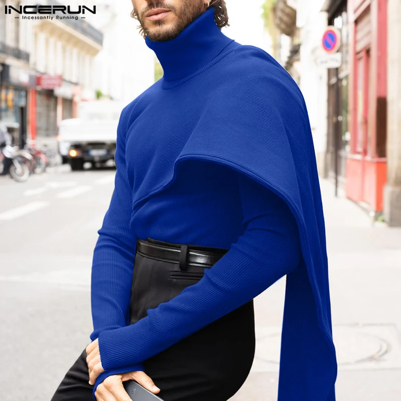 INCERUN Men Irregular Pullovers Solid Color Turtleneck Long Sleeve Knitted Casual Sweaters Streetwear Autumn 2026 Men Clothing
