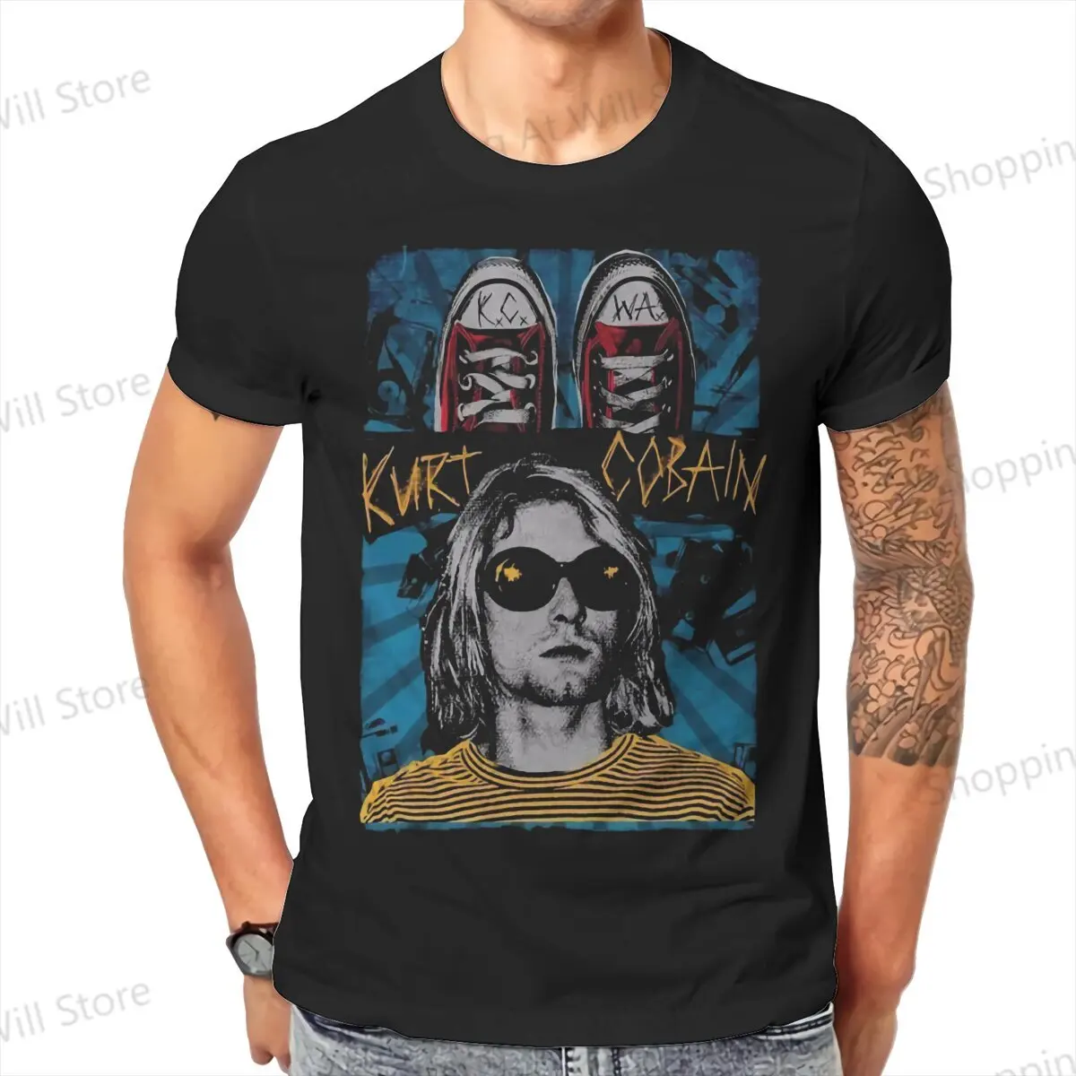 Tops 100% Cotton Fun Fashion Kurt Cobain Guitar Men's and women's T-shirts  Short sleeved fun print