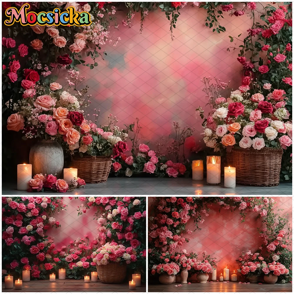 

Mocsicka Valentine's Day Backdrop Pink Rose Flower Basket Candles Abstract Wall Decorations Photography Background Studio Banner