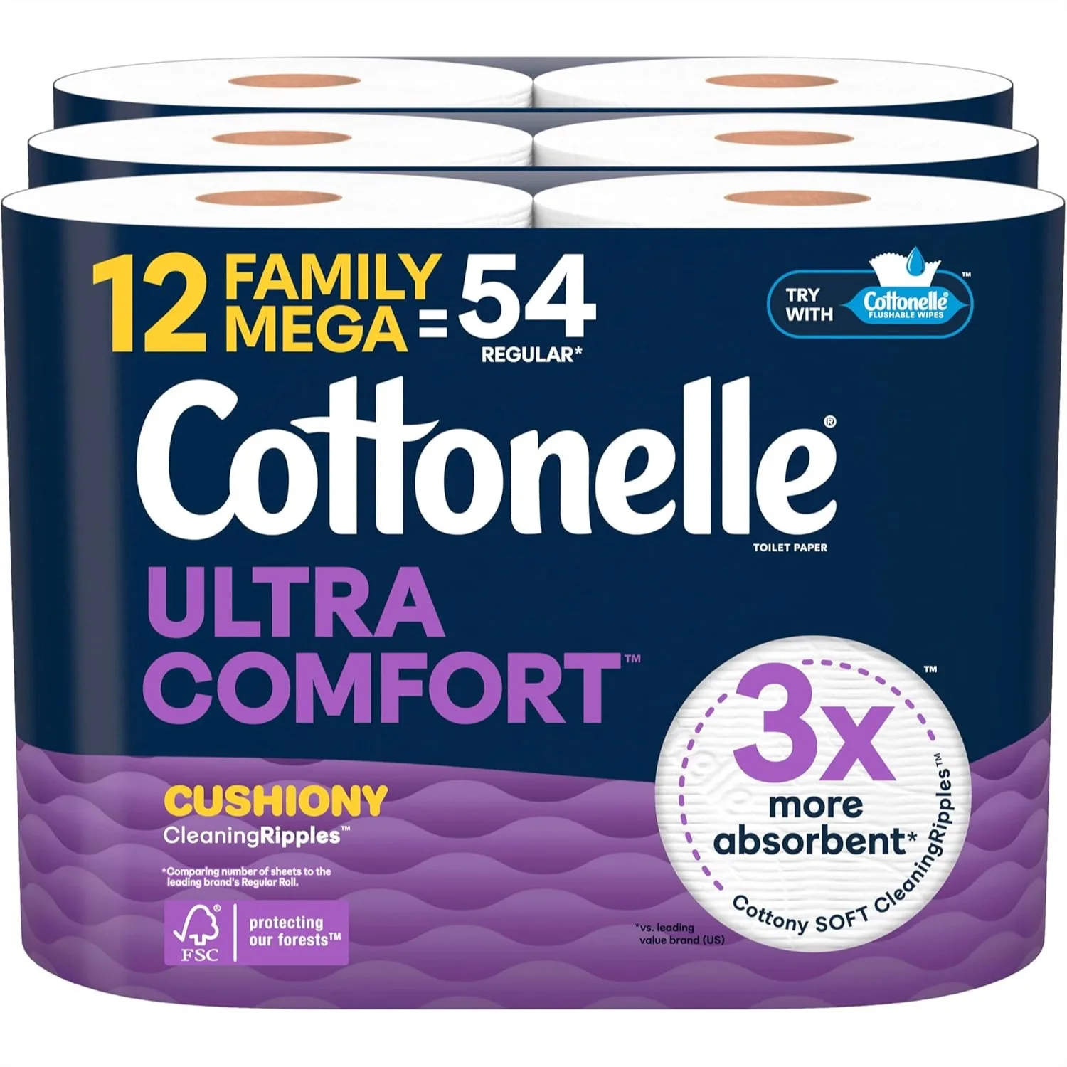 

Ultra Comfort Toilet Paper, 12 Family Mega Rolls = 54 Regular Rolls, Cushiony CleaningRipples Texture, 3x Thicker & Stronger