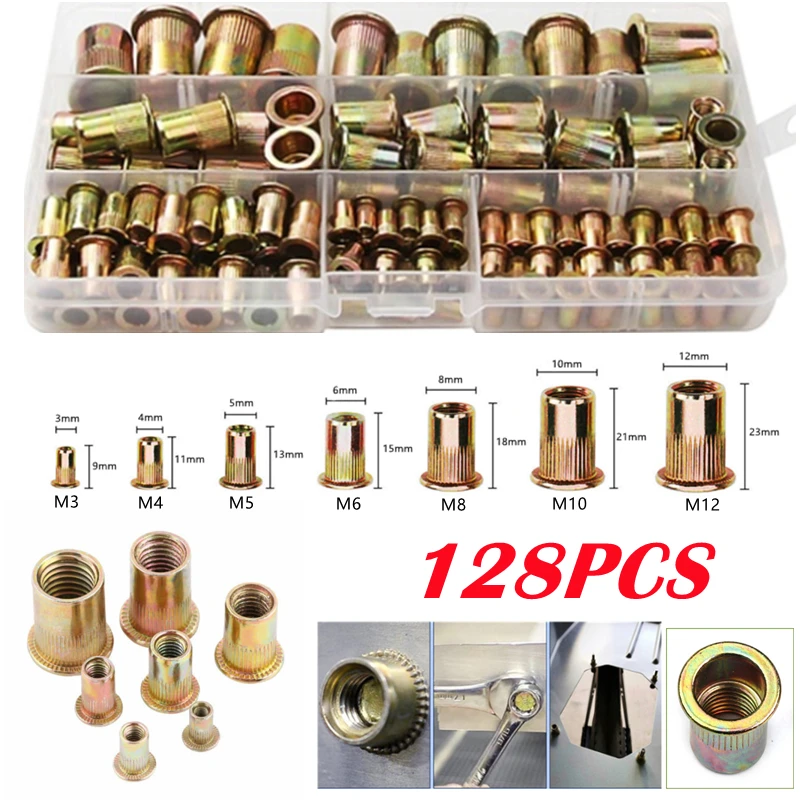 

128Pcs M3 M4 M5 M6 M8 M10 M3 M4 M5 M6 M8 M10 M12Carbon Steel Rivet Nuts Flat Head Rivet Nuts Set Hardware Parts