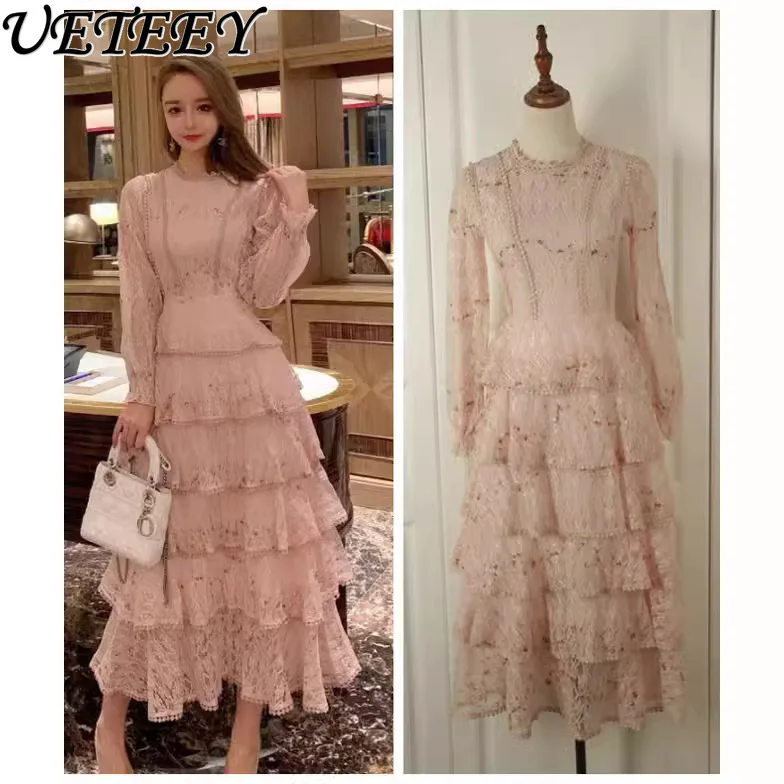 

Spring Summer New Pink Lace Embroidery Stitching Long Sleeve Layer Cake Formal Dress Romantic Vacation Maxi Dresses for Women