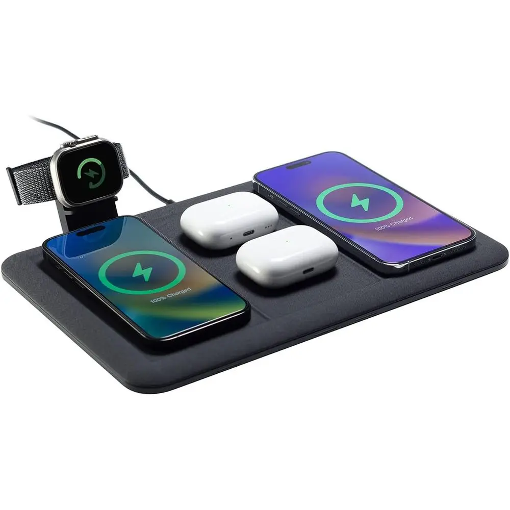 

Универсальная беспроводная зарядная станция 4-в-1 для iPhone, AirPods, часов и устройств с поддержкой Qi, с дополнительным USB-портом и подставкой для часов
