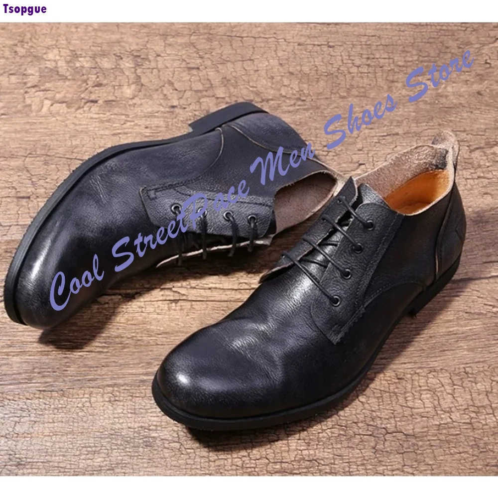 European and American Style Retro Pleated Men's Boots Fashionable Genuine leather Low-top slip-on Distressed Lace-up Shoes