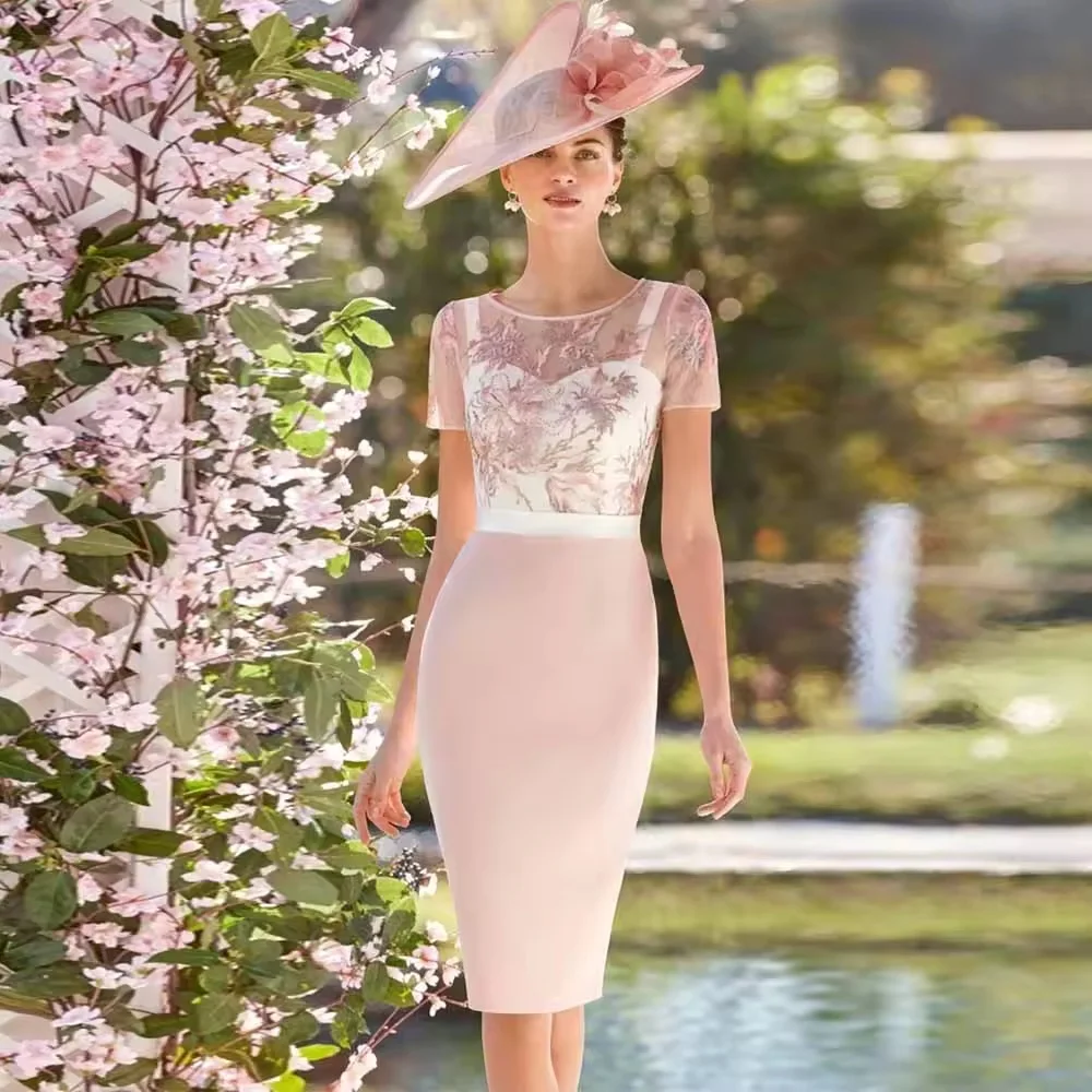 Customized Fashion Mother of the Bride Dress  Jersey Sheath/Column Cocktail Party Dresses Pink O-Neck Embroidery Lace Prom Dre