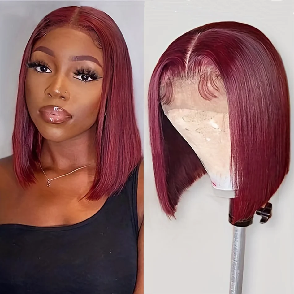 Wig Bob renda lurus wig rambut manusia pendek merah Burgundy 99J 100% rambut manusia garis rambut lurus 13*4 wig Bob rambut manusia renda