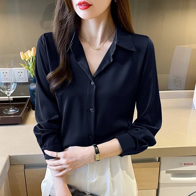 Fashion elegant satin shirts solid color ladies shirts causal Women\'s Blouses Spring Long Sleeve Shirts Tops Blusas Mujer