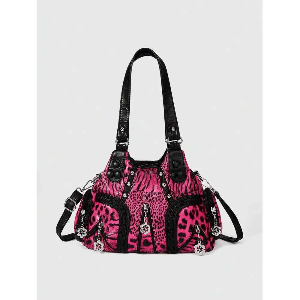 

Grunge Punk Fashion Womens Shoulder Bag Punk Leopard Print Womens Bag Womens Tote Bag Locomotive Hot Girl Bag Crossbody Womens