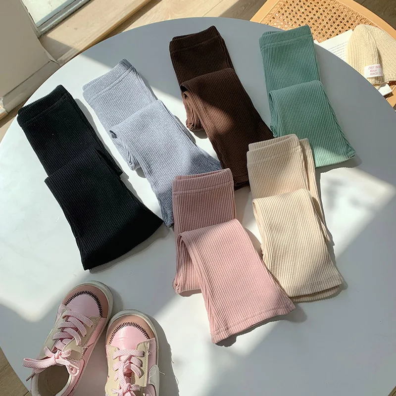 Mädchen Frühling Baumwolle Hohe Taille Dehnbare Einfarbige Rosa Schlaghose Leggings Freizeithose Tägliche Kinderhose