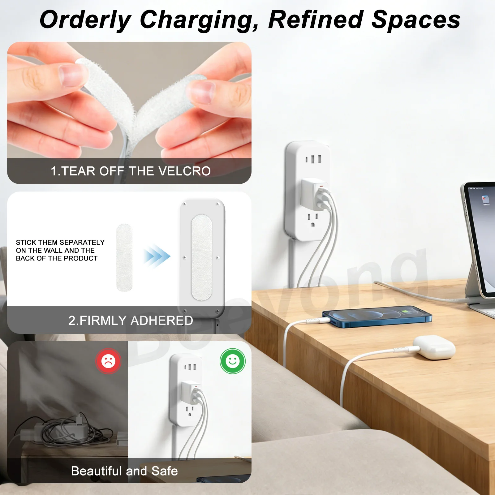 

Rotatable Power Strip Wall Mounted 2 AC Outlets USB-C USB-A 180° Rotating Plug Space Saving Extension Cord with Magic Tap22"-34"