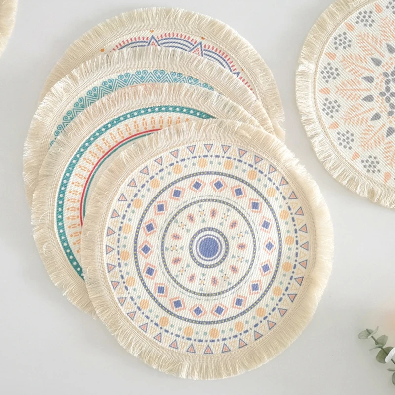 Bohemian Round Placemats Simple Handwoven Jute Placemats Coasters Vintage Cotton Linen Mats Vase Mats Kitchen Accessories