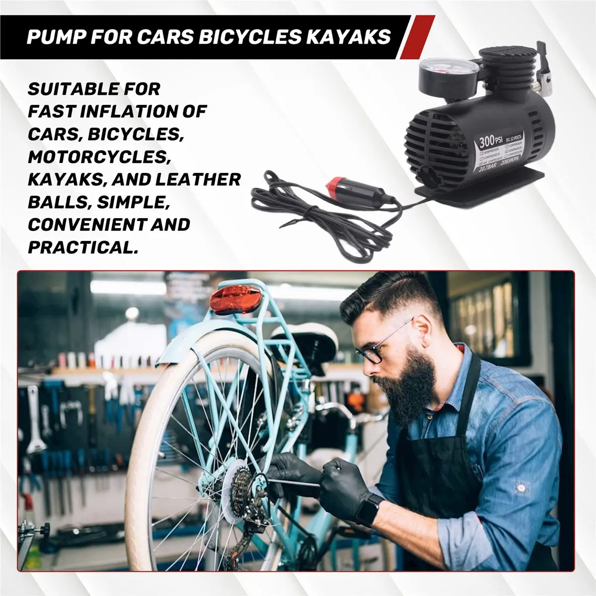 #45V 12V Small Car Tire Air Pump Inflator Wired Electric Air Compressor,Small Tire Air Inflator Pump,(ABS+Metal)