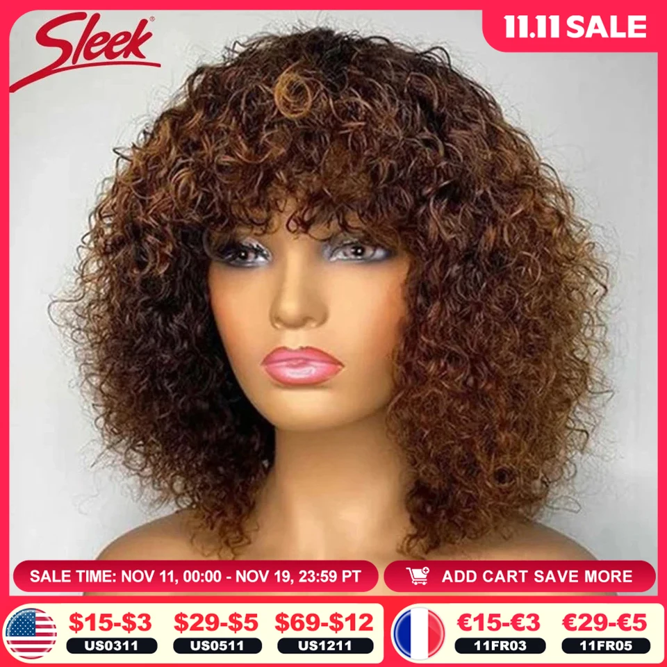 

Peruvian Short Pixie Bob Cut Human Hair Wigs With Bangs Jerry Curly Non lace front Wig Highlight Honey Blonde Colored Wigs