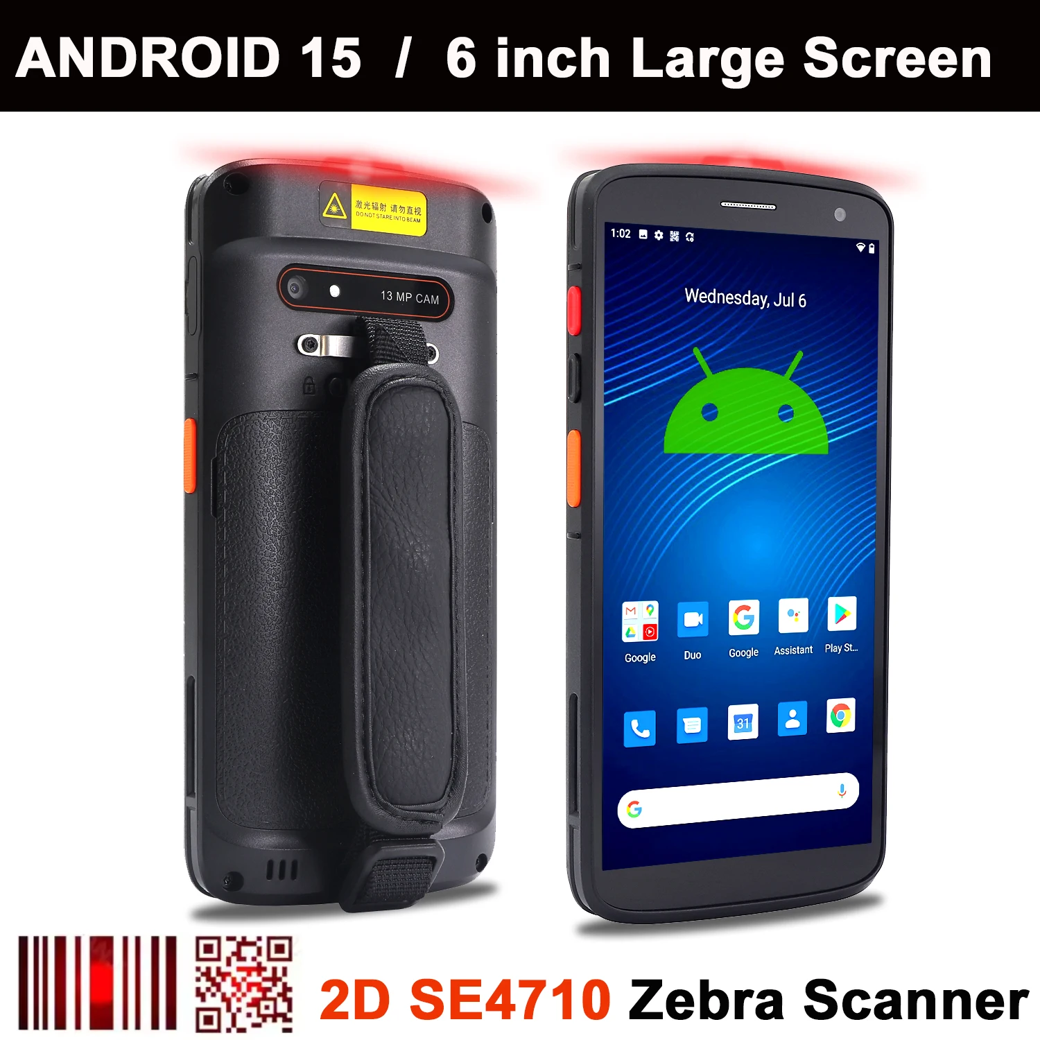 

Android 15 Handheld 2D Barcode Scanner 6 inch Large Screen PDA Zebra SE4710 QR Code Reader 4GB 64GB NFC 4G Mobile Dater Terminal