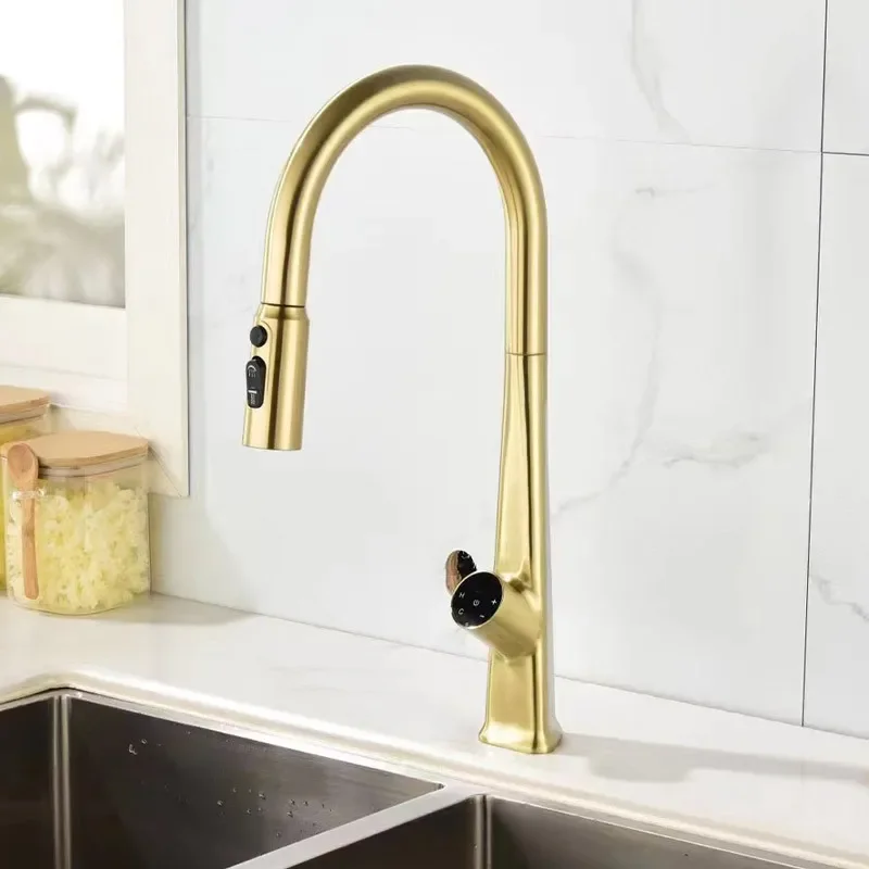 Brass Pull Out  Sink Faucet Temperature Display Push Switch Hot And Cold Mixer Water