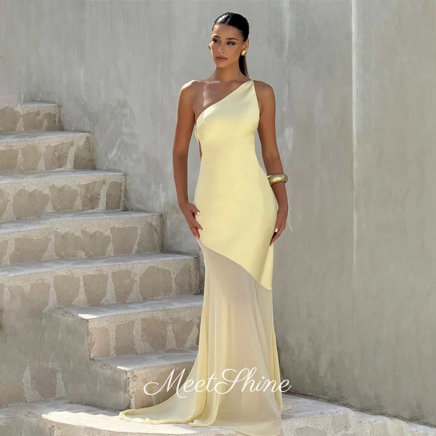 

Yellow Sexy Corset One Shoulder Satin Evening Dress Mermaid Backless Sweep Train Sleeveless Formal Wedding Prom Dress Customized