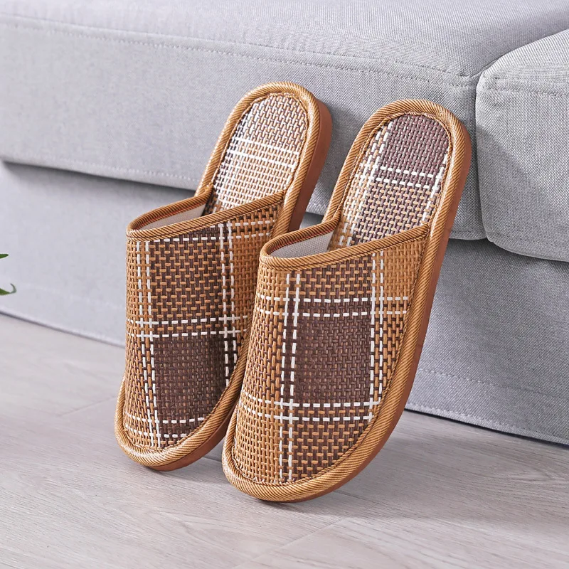 Tkanina bambusowa pościel domowa kapcie letnie chłodzące plecione rattanowe sandały do domu antypoślizgowe klapki Unisex buty do sypialni Zapatillas