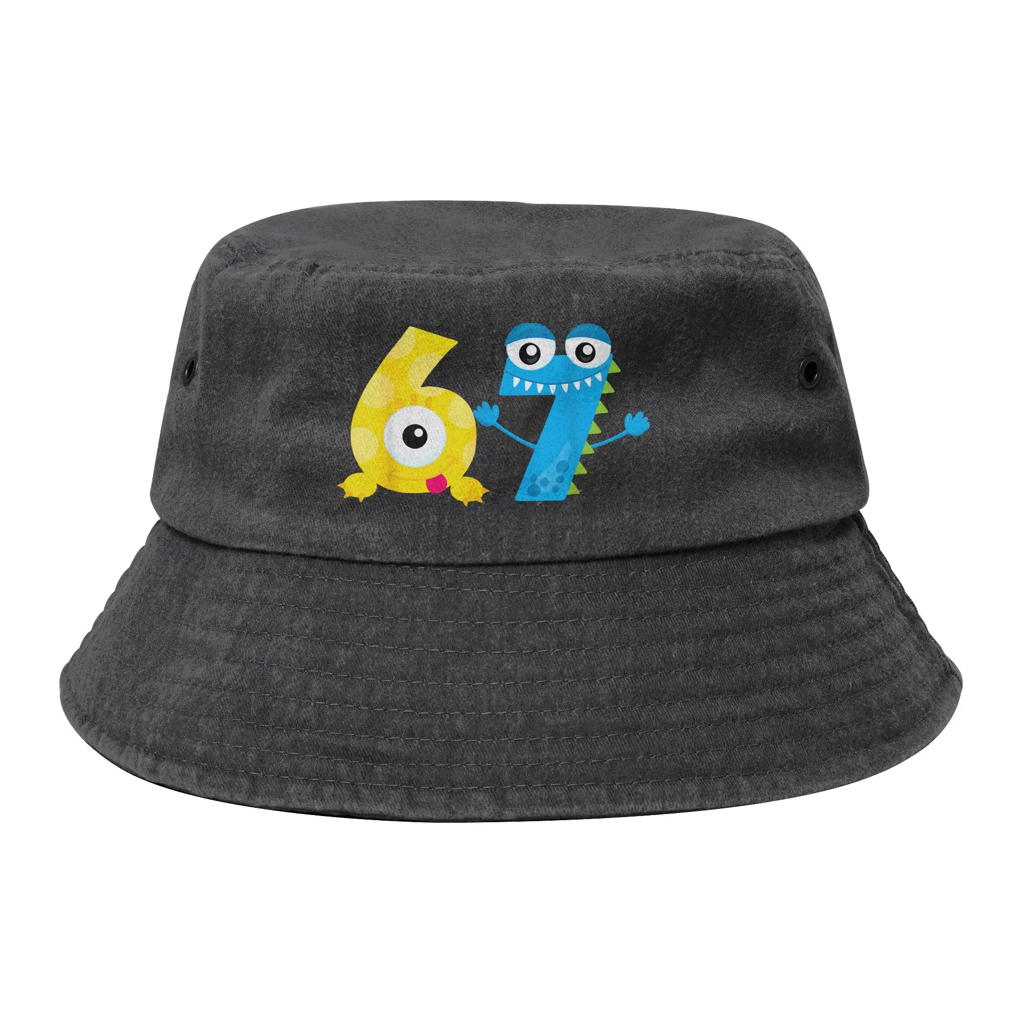 Bruh 67 Six Seven Monsters 6-7 Bucket Hats Unisex Outdoor Funny Brainrot Meme Distressed Denim Washed Fishing Hats Headwear Bob