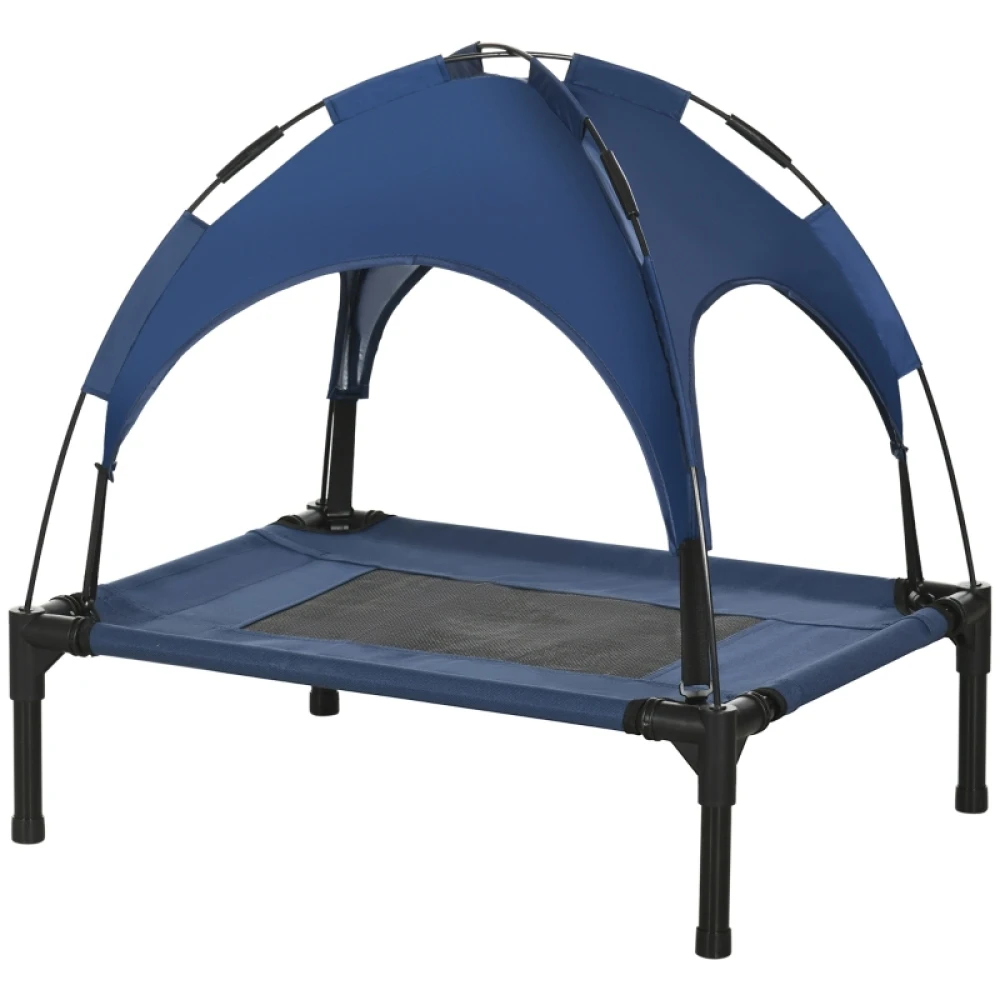 Erhöhtes Hundebett für draußen mit Baldachin und UV-Schutz, 61x46x62cm, atmungsaktiver Taftstoff in Dunkelblau für komfortables Tierwohnen