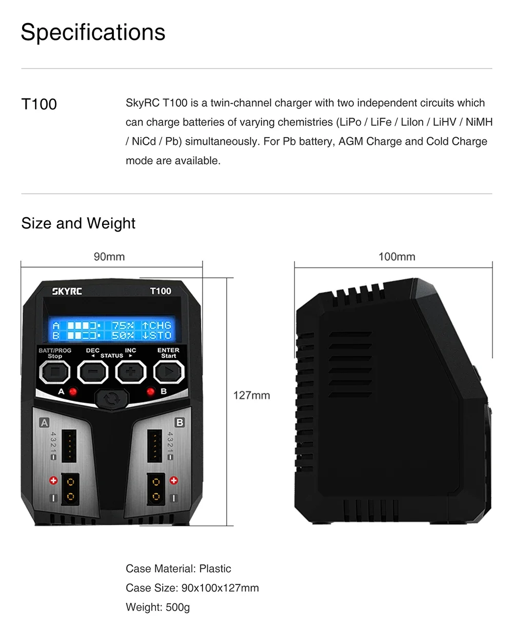 SKYRC T100 T400Q AC Lipo Battery Balance Charger Dual 5A 2X50W for 2-4S NiMH NiCd  LiPo  LiFe / Lilon / LiHV  RC Car Charger