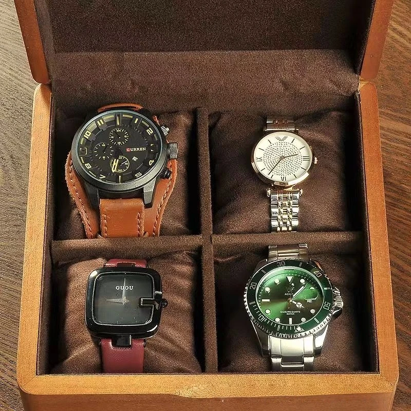 شعار قابل للتخصيص أنيق ريترو ساعة خشبية حافظة 4 فتحات خشب مريحة رائعة هدية صندوق ساعة ميكانيكية مجموعة السفر