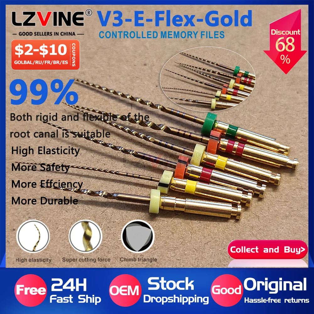 

V3-E-FLEX Gold Files 6pcs/box 25mm Dental Endodontic Rotary File Heat-Activated Nickel-Titanium Tips Engine Use Root Canal Files