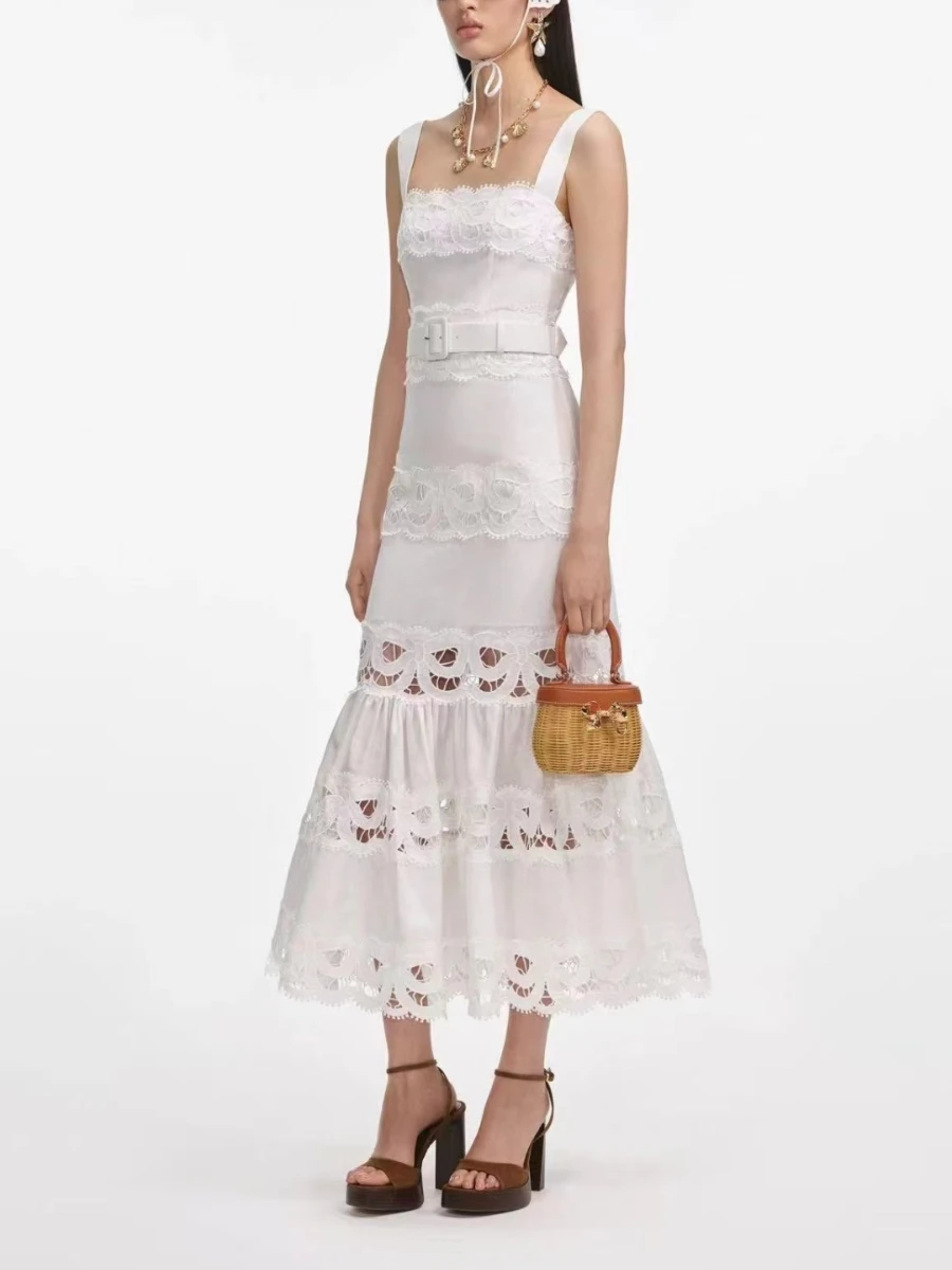 VGH Solid Elegant Spliced Hollow Out Dress for Women Square Collar Sleeveless Patchwork Sashes High Waist Bodycon Dresses Female