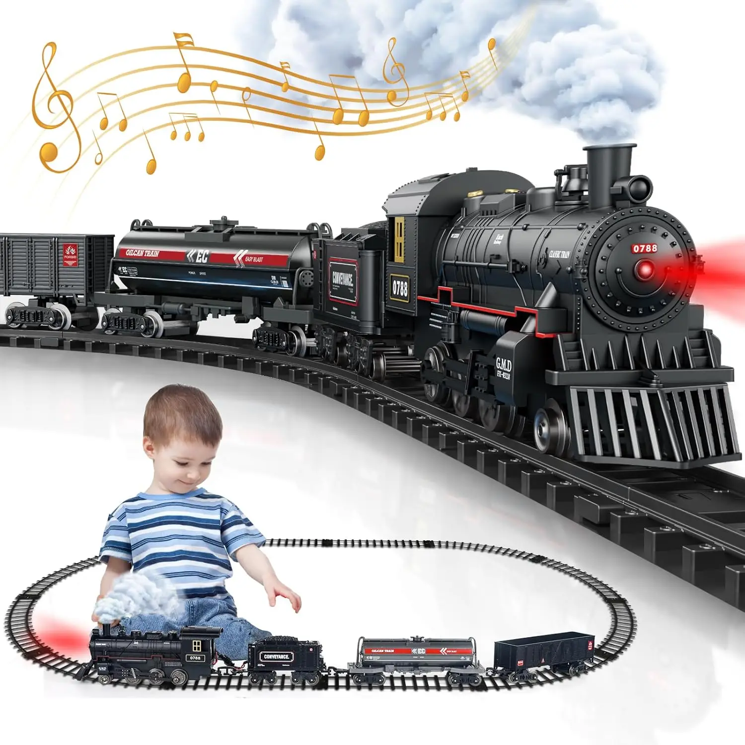 

Metal Alloy Train Set for Kids - Electric Trains w/Steam Locomotive, Cargo Cars & Tracks, Sets w/Smoke,Whistle & Lights, Toys De