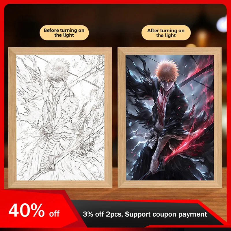 

22cm/8.66in 3D Bleach Light Painting Kurosaki Ichigo Anime Figures Peripherals Night Ornaments Toys Table Display Birthday Gifts