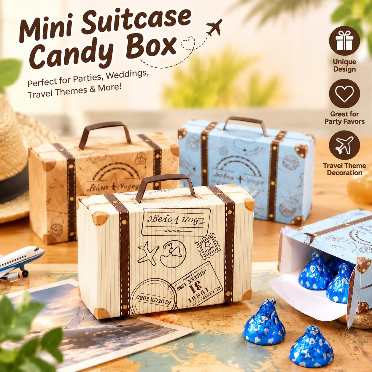 Mini Luggage Shaped Candy Box Vintage Suitcase Favor Gift Box Paper Treat Packaging Box for Wedding Birthday Party Decoration
