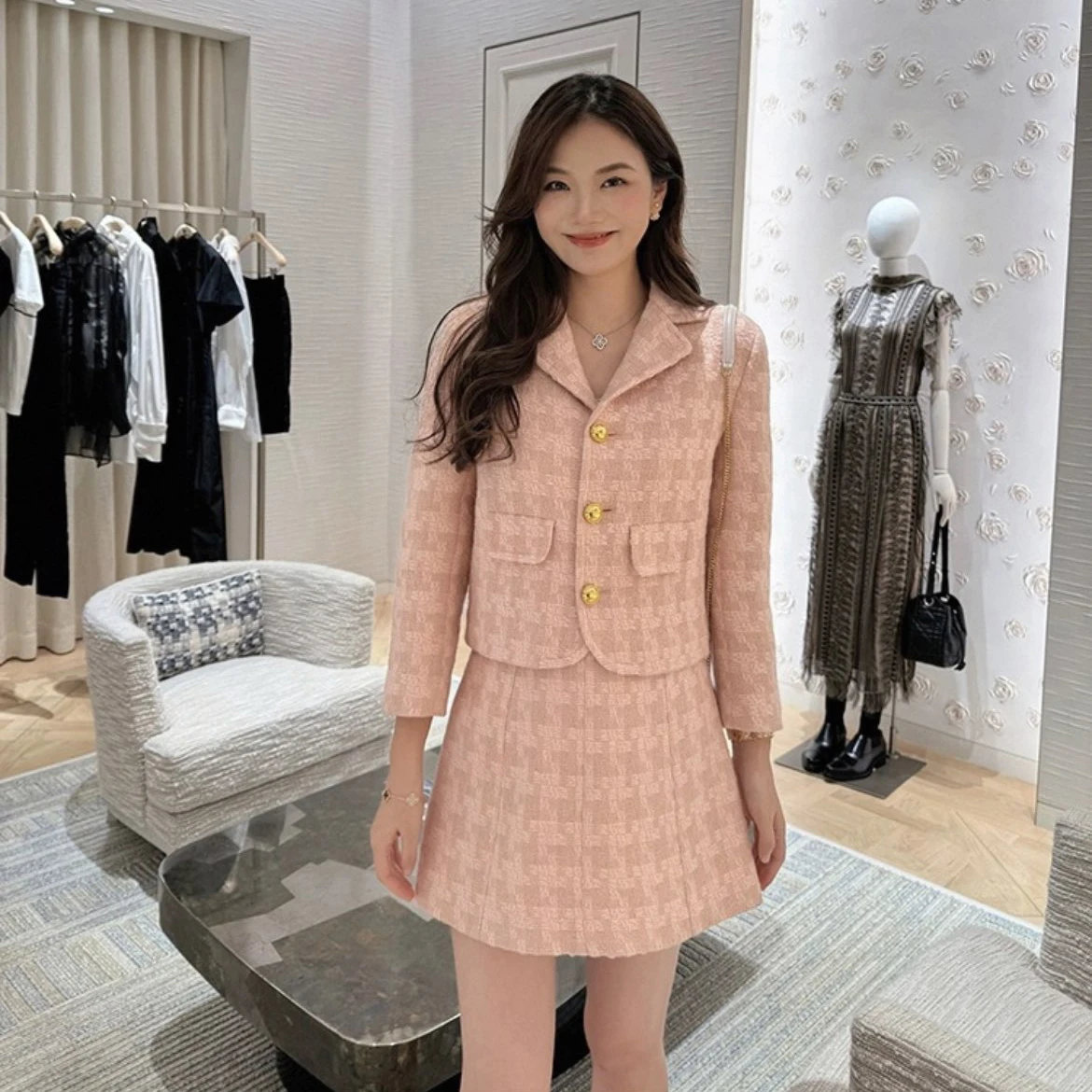 

Elegant Lady's Pink Plaid Woolen Suit Set with Skirt Long Sleeve French Style Fashionable Autumn Winter Women's Ensemble