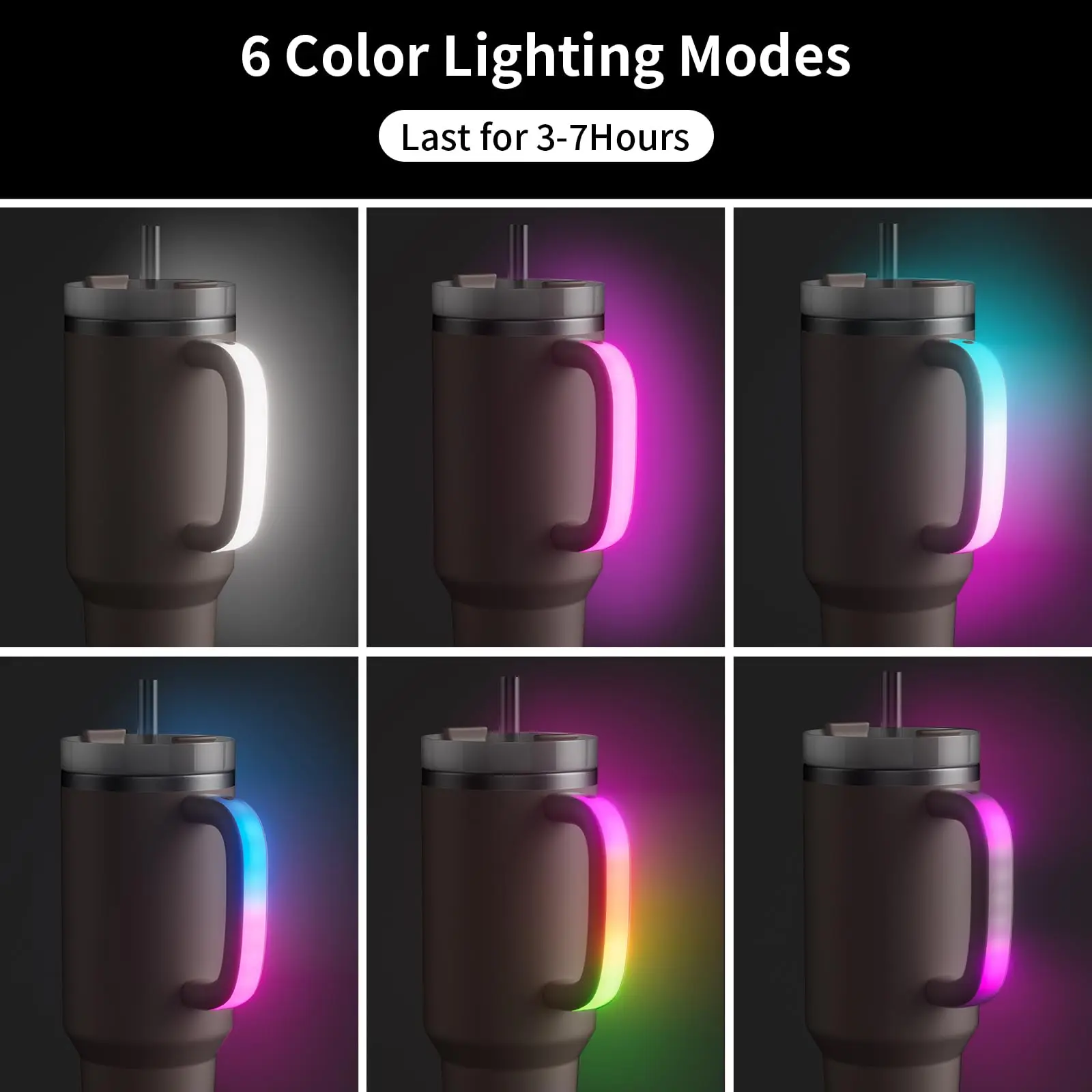 LED Light-Up Tumbler Handle 40Oz/30Oz, 6 Colors 10 Modes Cup Handle Accessories,USB Rechargeable Cup Handle With Co