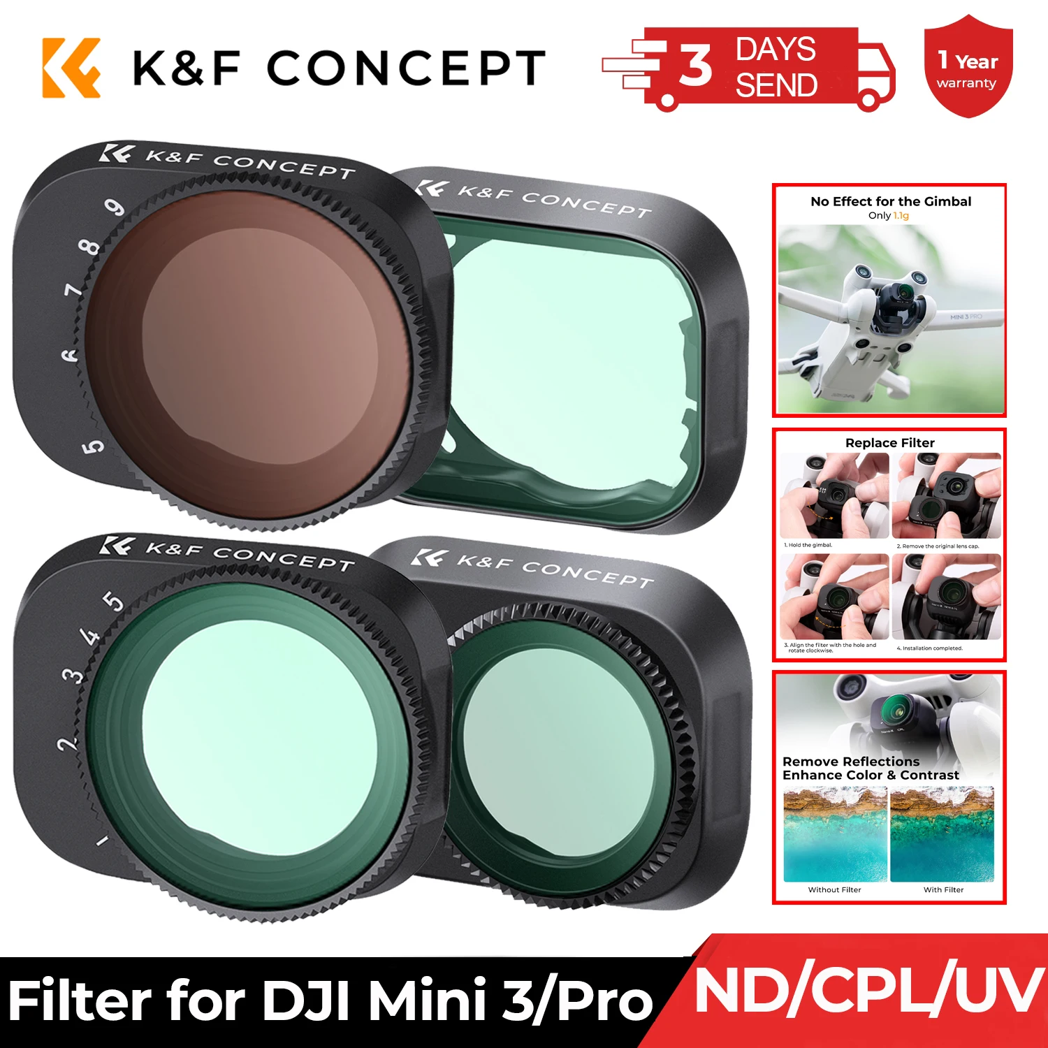 K&F Concept Drone Filter for DJI Mini 3 Pro &Mini 3 UV/CPL/ND2-ND32/ND32-ND512 Variable Camera Coating Optical Glass Lens Filter