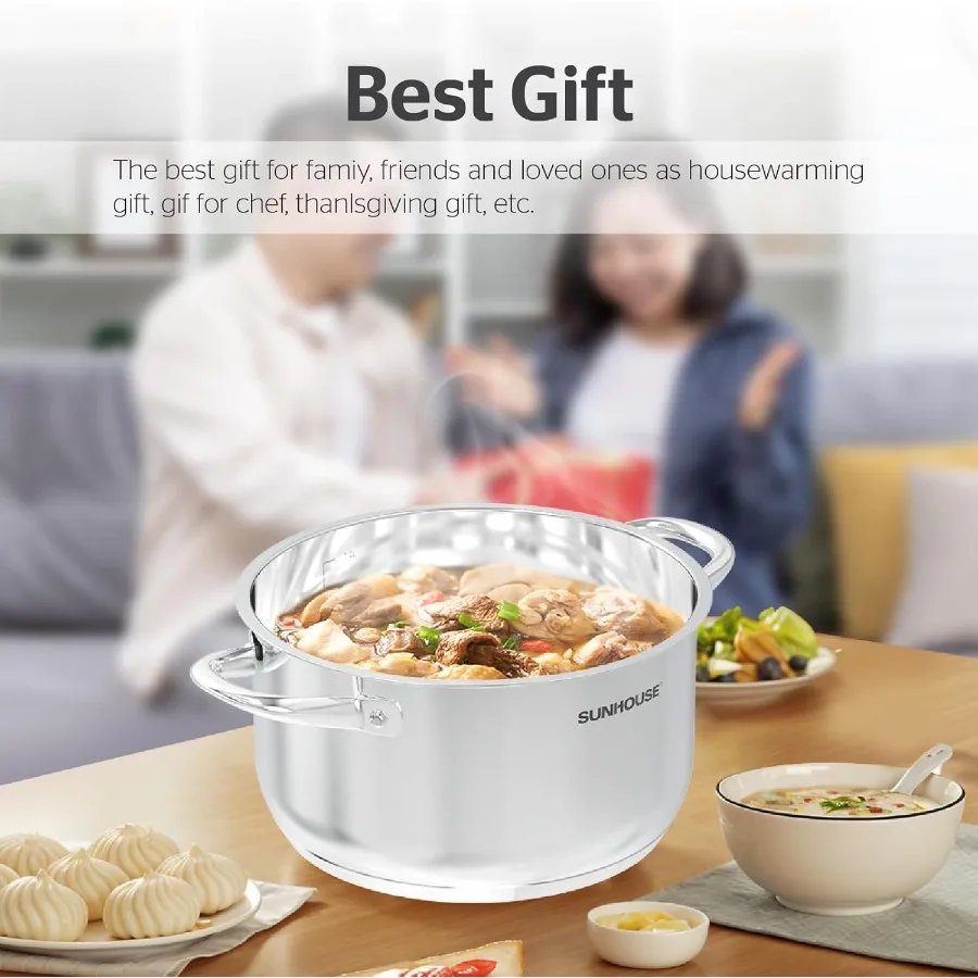 وعاء مخزون سعة 8 لتر مع غطاء لتعليب المعكرونة والوجبات الكبيرة ذات الحجم الكبير وبناء من الفولاذ المقاوم للصدأ بقاعدة 3 طبقات لسهولة ذلك