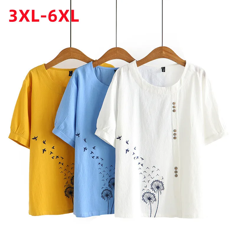 New 2022 Summer Plus Size Tops For Women Large Size Blouse Short Sleeve Loose Blue White Embroidery Cotton Shirt 3XL 4XL 5XL 6XL