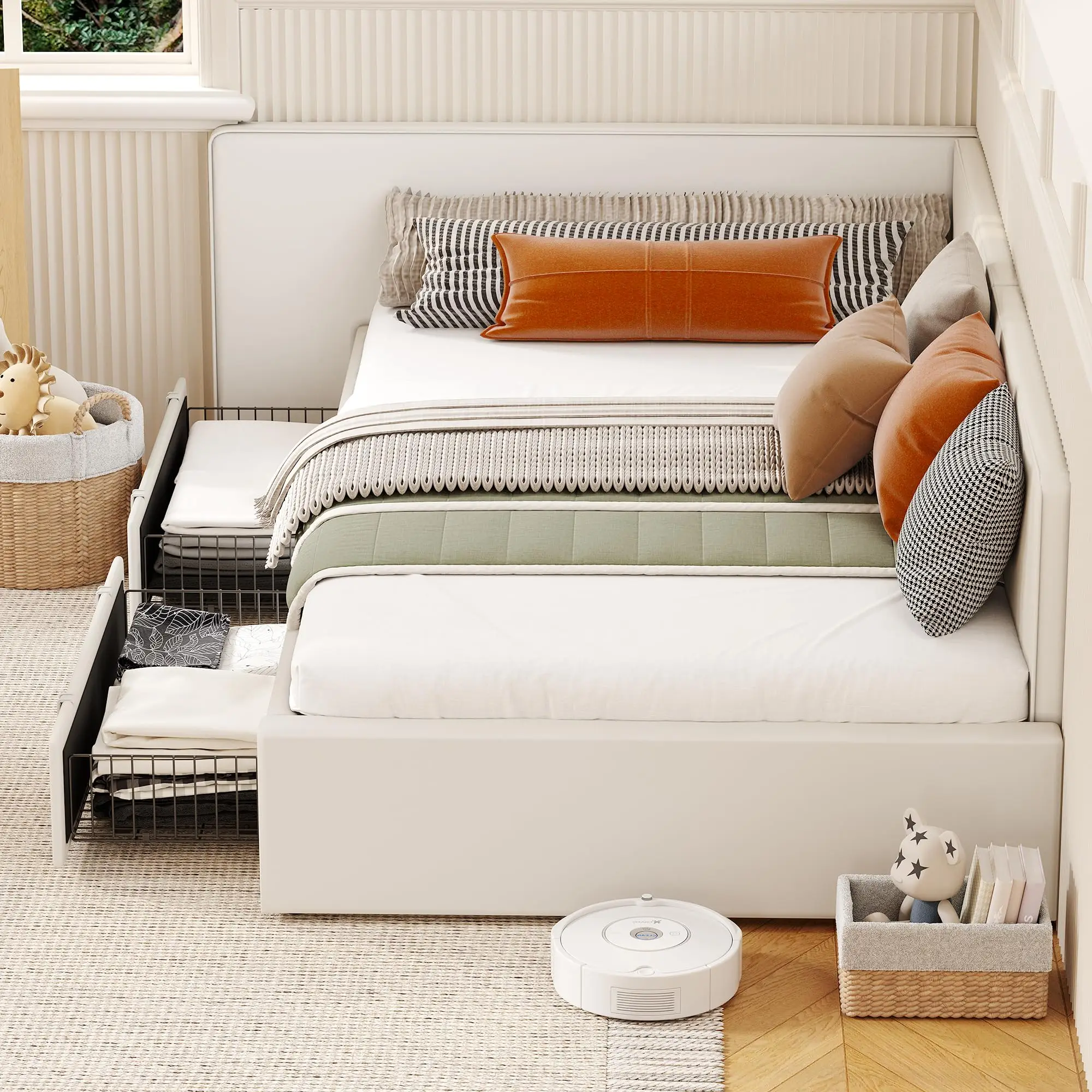 Velvet Upholstered Twin Corner Daybed Frame with Extended Headboard - 2 Underbed Storage Drawers - Guardrails, Adjustable Setup - Pink/Purple/Light Grey
