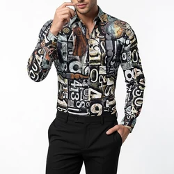 Vintage Street Graffiti Printing Shirts for Men Long Sleeved Slim Fit Men Casual Shirt Fashion Party Club Social Tops Hombre 6XL