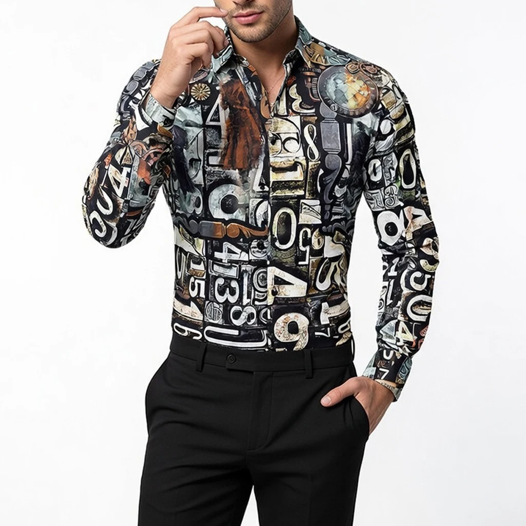 Vintage Street Graffiti Printing Shirts for Men Long Sleeved Slim Fit Men Casual Shirt Fashion Party Club Social Tops Hombre 6XL