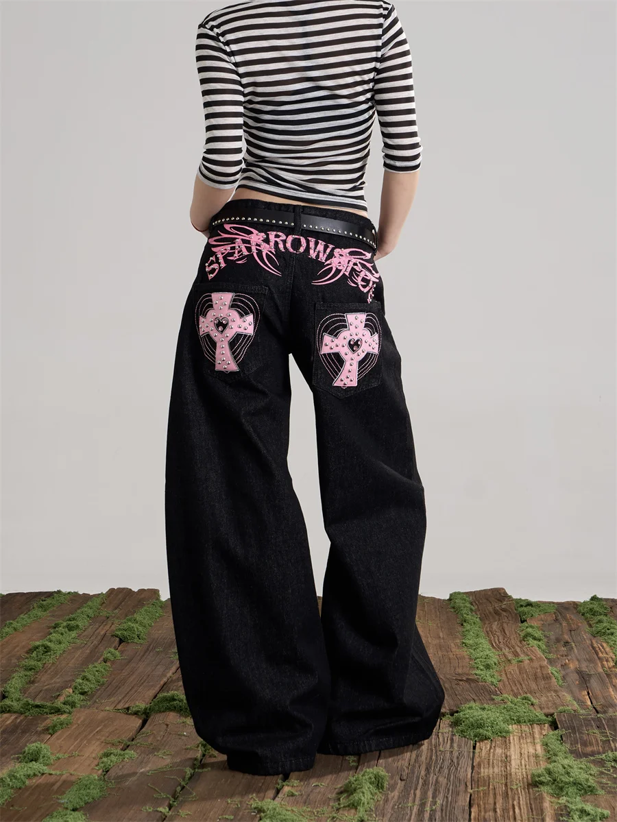 

American Style Retro Cross Rivet Knife Jeans Women's Black High Street Loose Slim Wide Leg Long Pants ONLPP