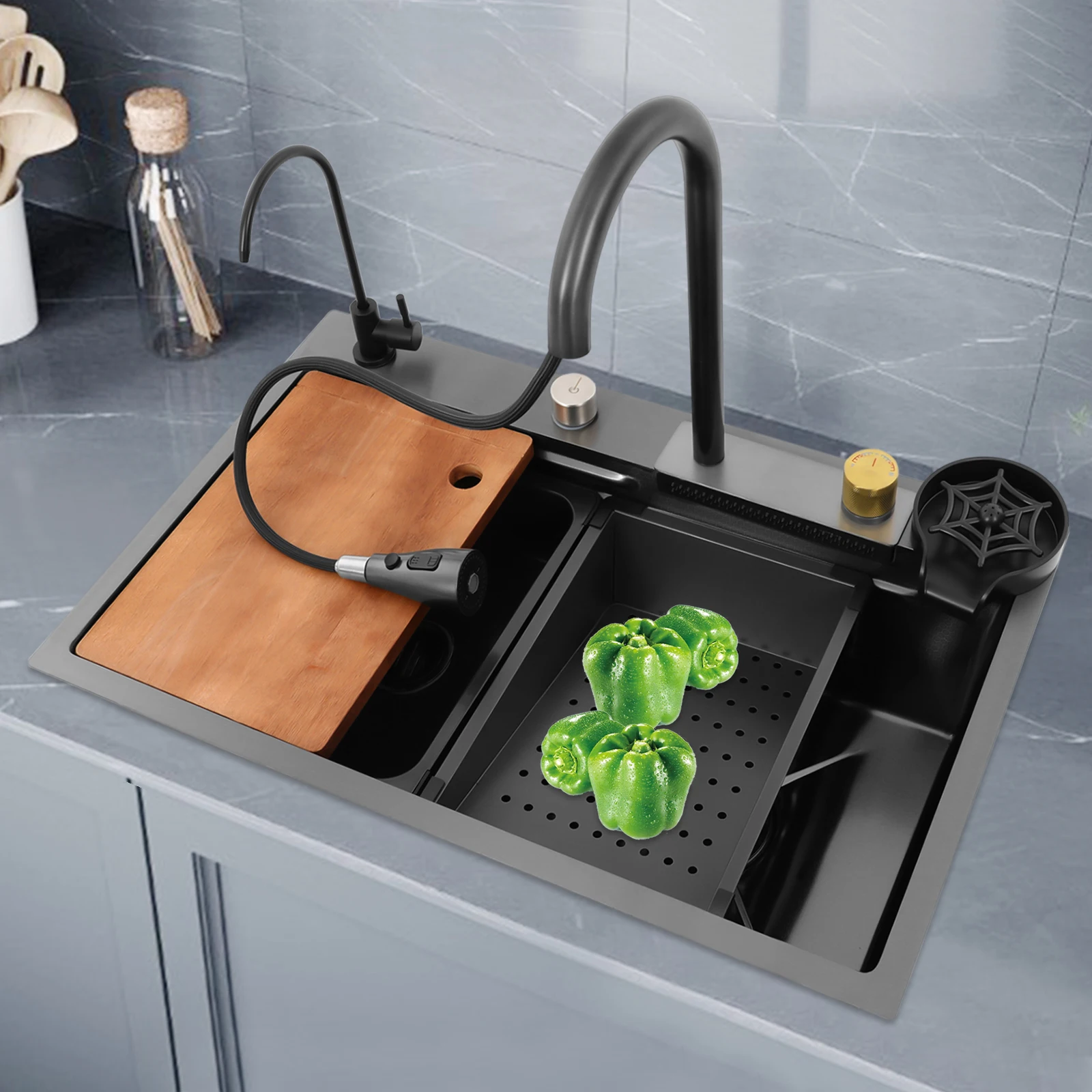 Küchenspüle aus Edelstahl, pistergrau, rechteckiges Haushaltsspülbecken-Set mit Drainagekorb, 2-Wasserhähne, Schneidebrett, Tassenwascher – Detail 2