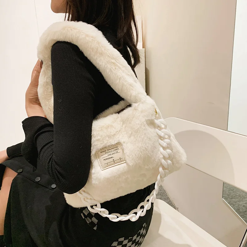 Fashion ladies one-shoulder tote bag retro plush solid color casual messenger bag travel street acrylic chain decoration handbag