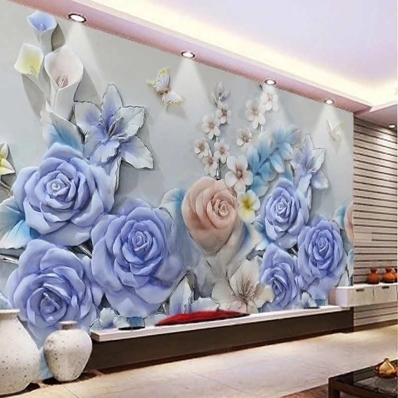 MU8705 Rose relief TV background wall Nordic decorative painting resin flower mural wallpaper