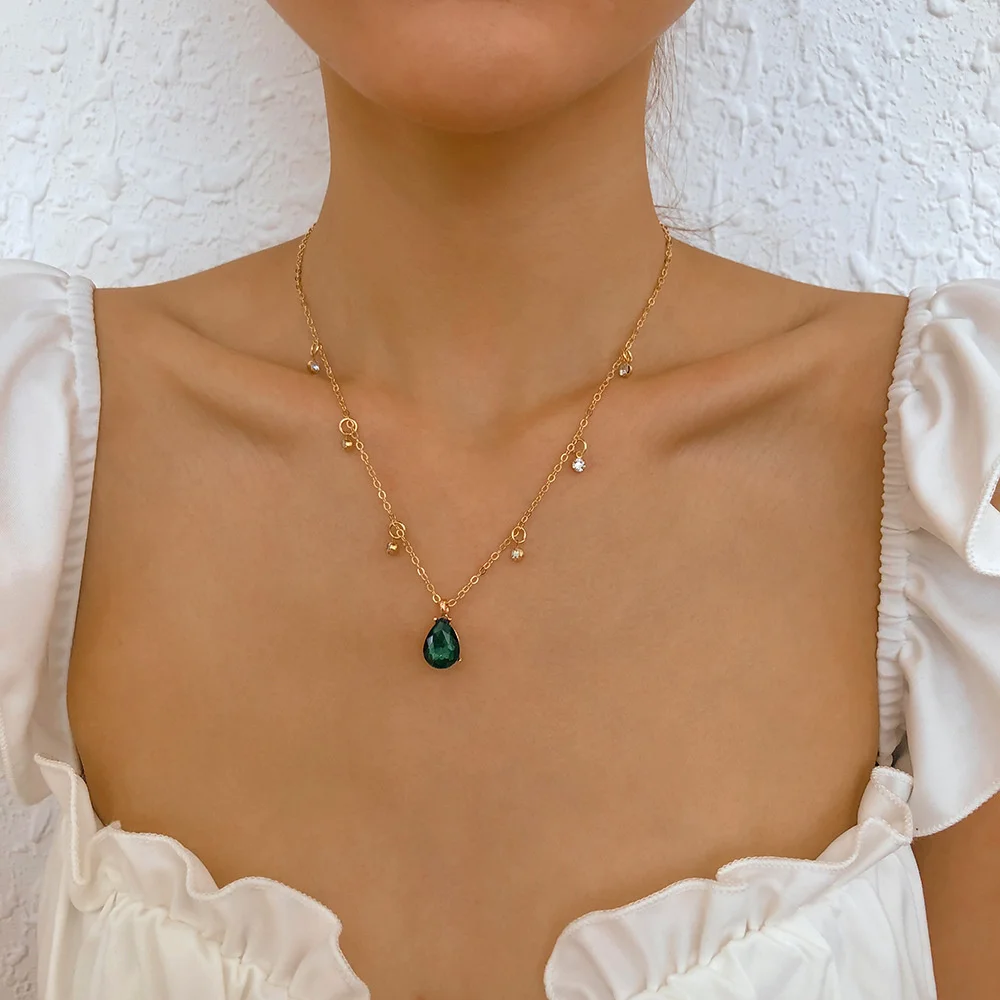 Fashion Gold-plate Thin Chain Crystal Green Water Drop Pendant Necklace For Women Female Vintage Cute Choker Jewelry Girl Gift