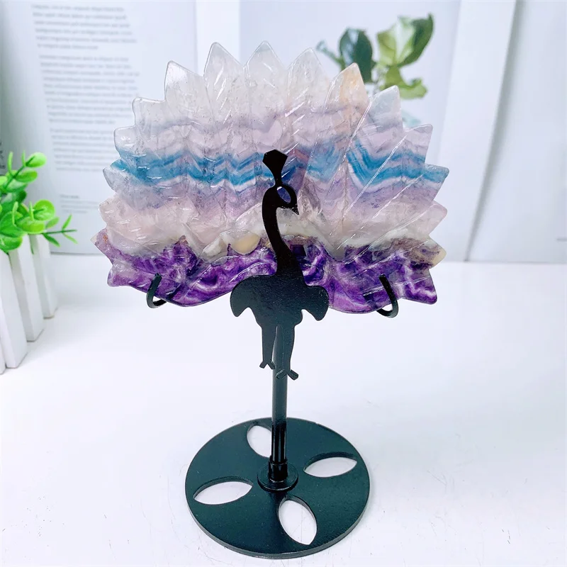 Natural Rainbow Fluorite Peacock Feather Carving Wings with Stand, Energy Gemstone, Healing Stone, Home Decoration