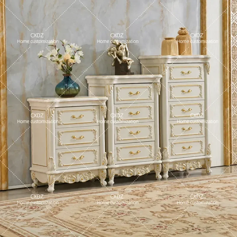 European Style Solid Wood Carved Flower 5 Bucket Cabinet Bedroom Living Room Storage Drawer Low Sideboard for Small Apartment