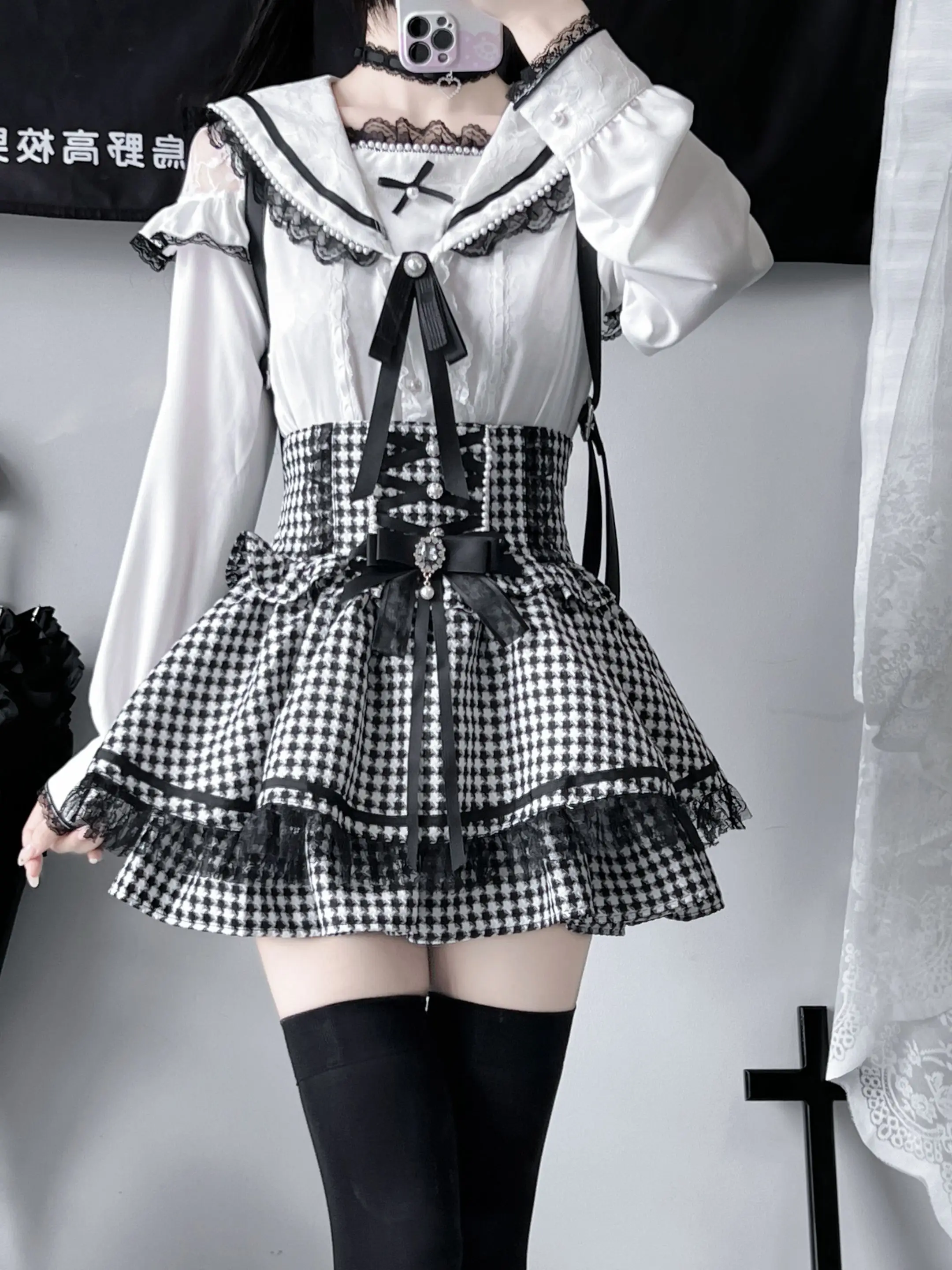 Japanese Style New Lolita High Waist Mini Skirt Girls Women's New Autumn Rhienstone Bow Black Houndstooth Sweet Short Skirts